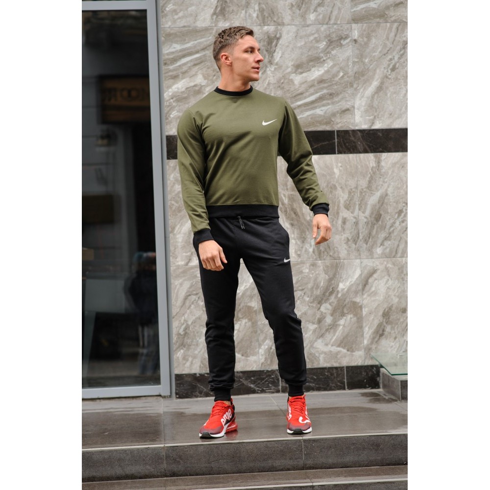 Мужской спортивный костюм Nike (Найк), оливковый свитшот (хаки) и черные штаны весна-осень (реплика)