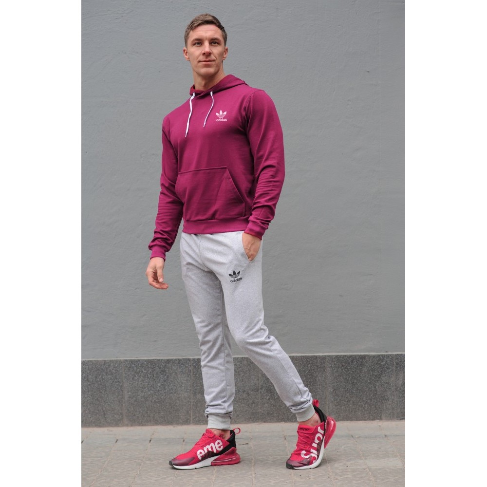 Мужской спортивный костюм Adidas (Адидас), бордовая худи и серые штаны весна-осень (реплика)