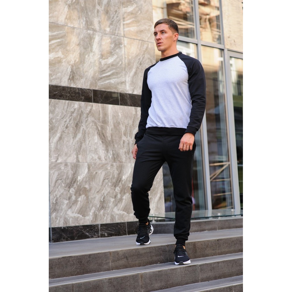 Мужской спортивный костюм - серый свитшот с черными рукавами и черные штаны (весна-осень)