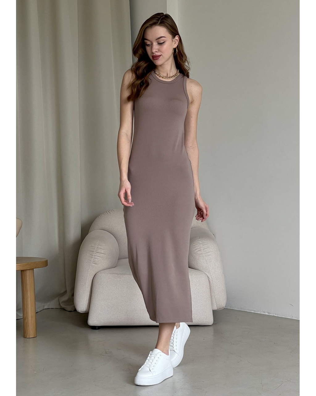 Длинное платье-майка в рубчик цвета мокко Merlini Лонга 700000104