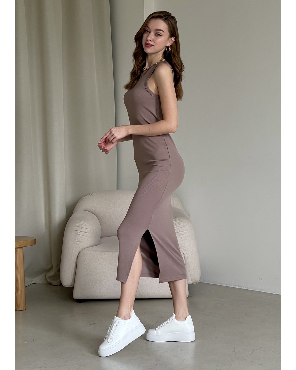 Длинное платье-майка в рубчик цвета мокко Merlini Лонга 700000104