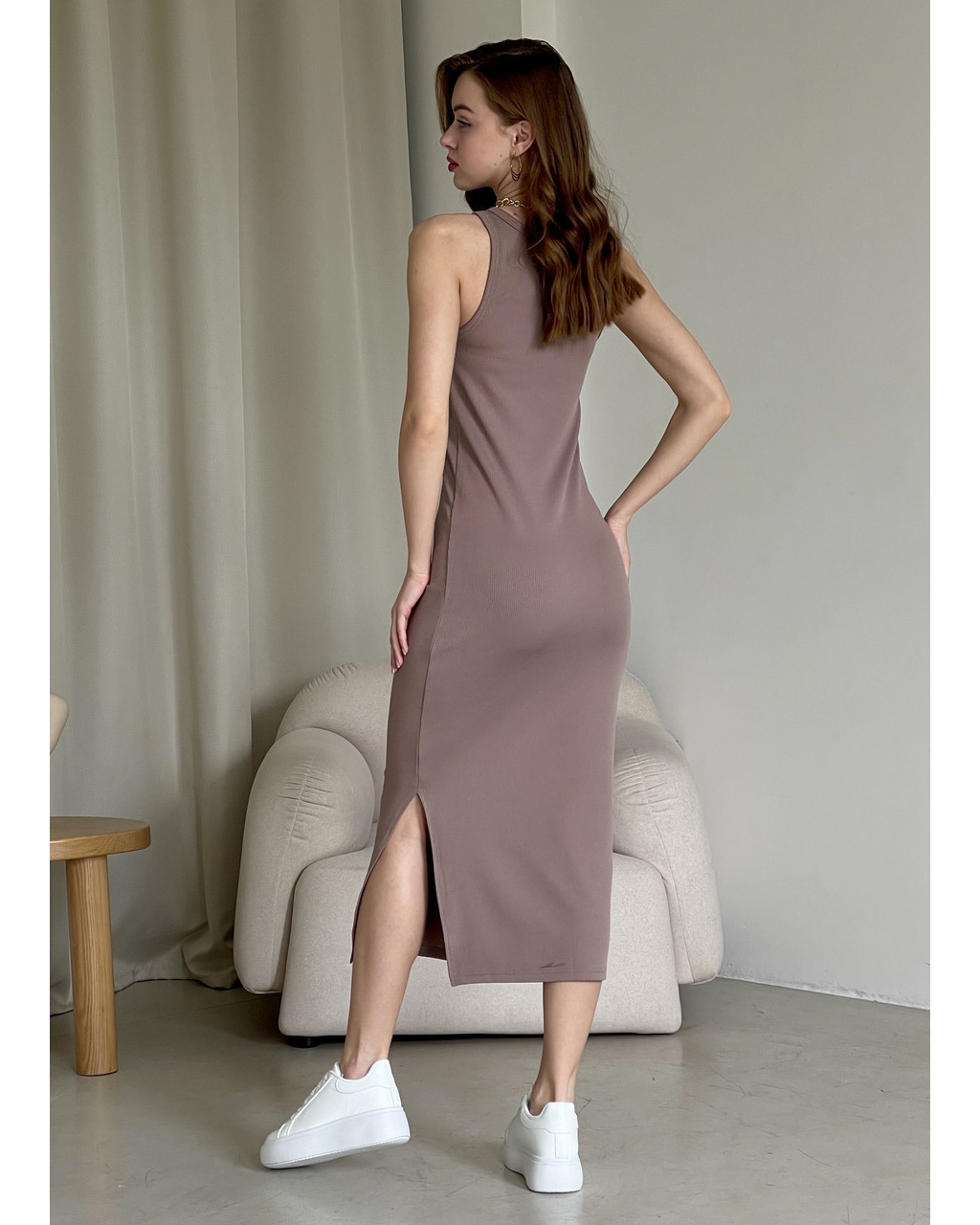 Длинное платье-майка в рубчик цвета мокко Merlini Лонга 700000104