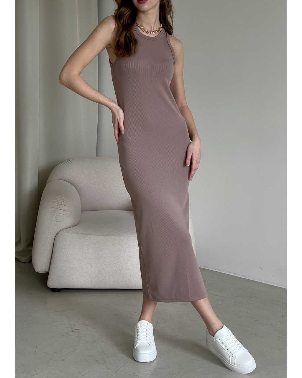 Длинное платье-майка в рубчик цвета мокко Merlini Лонга 700000104