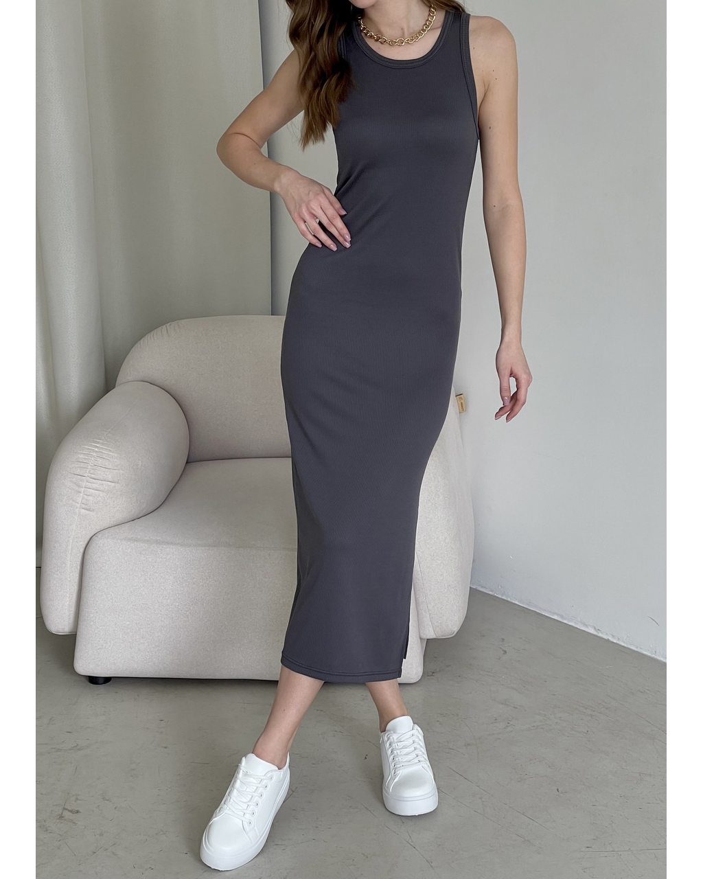 Длинное платье-майка в рубчик серое Longa 700000110