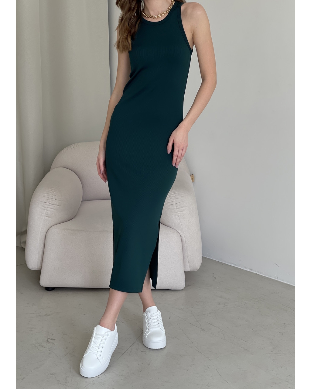 Длинное платье-майка в рубчик зеленое Merlini Лонга 700000112