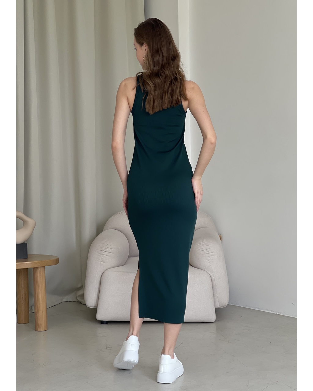 Длинное платье-майка в рубчик зеленое Merlini Лонга 700000112