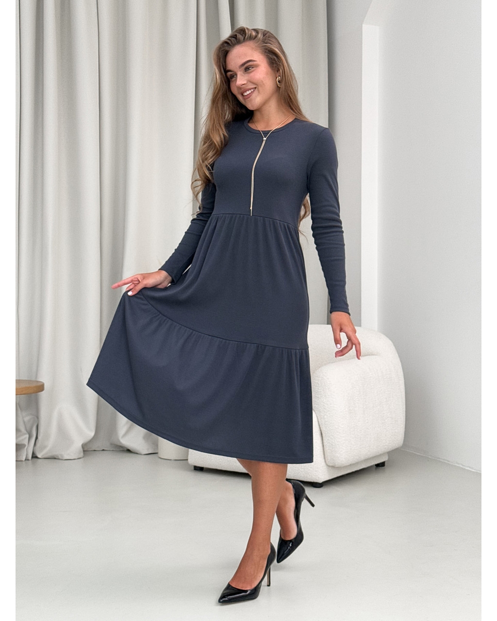 Свободное платье в рубчик серое Анно 700001504