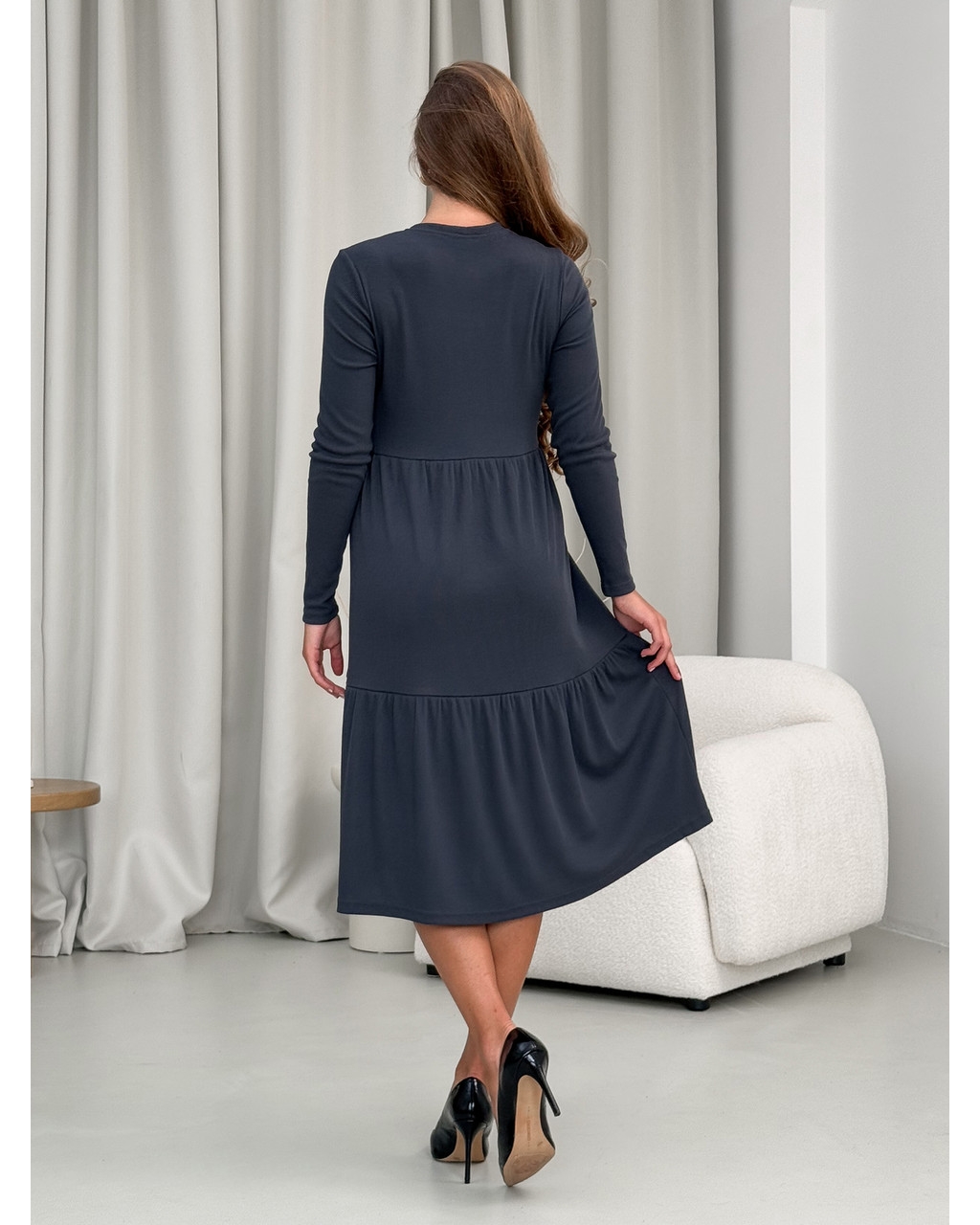 Свободное платье в рубчик серое Анно 700001504