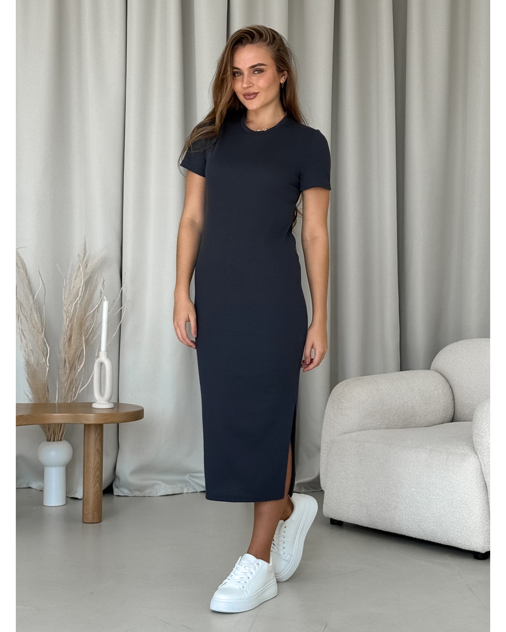 Довга сукня-футболка в рубчик сіра Merlini Кассо 700000130