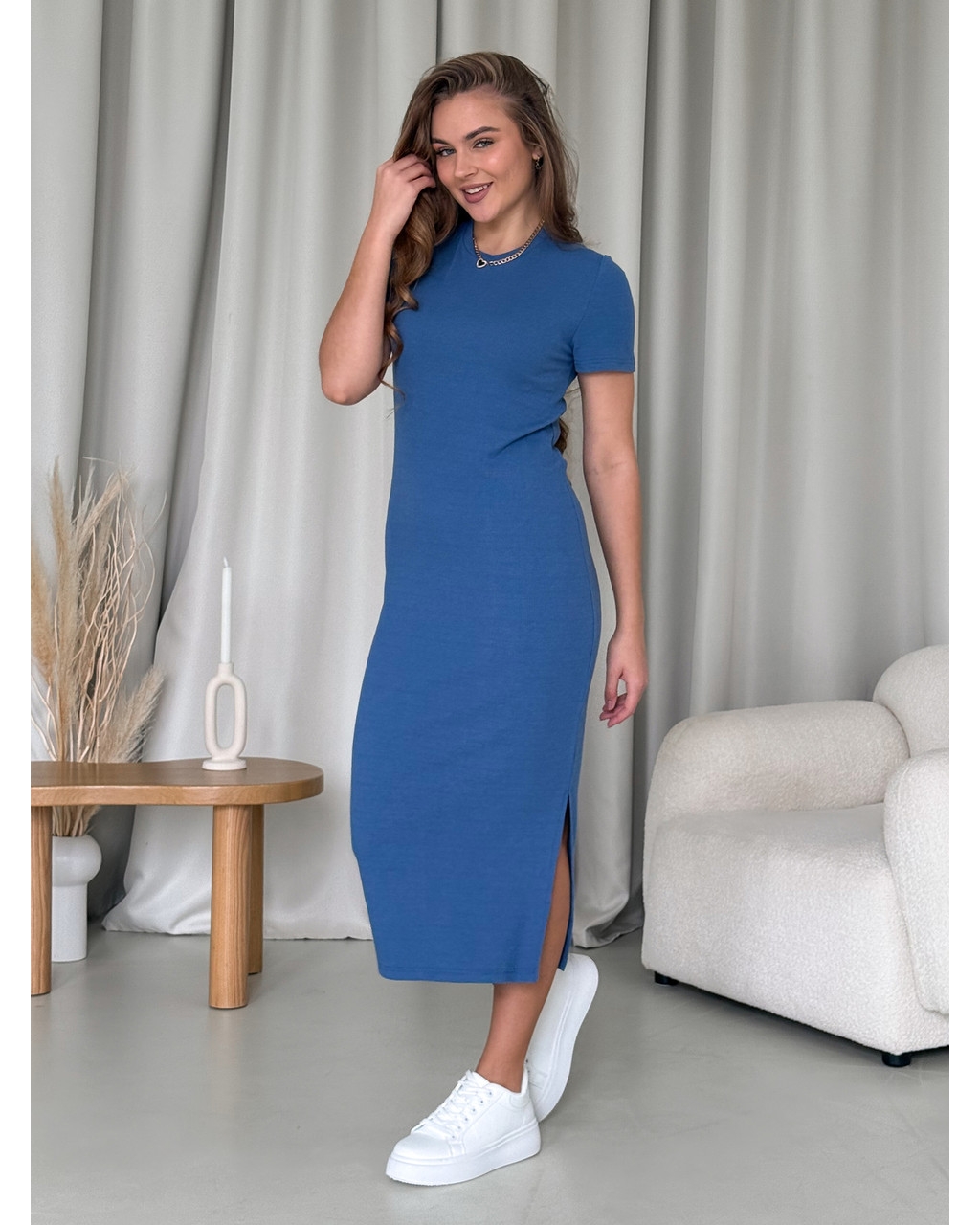 Длинное платье-футболка в рубчик синее Merlini Кассо 700000131