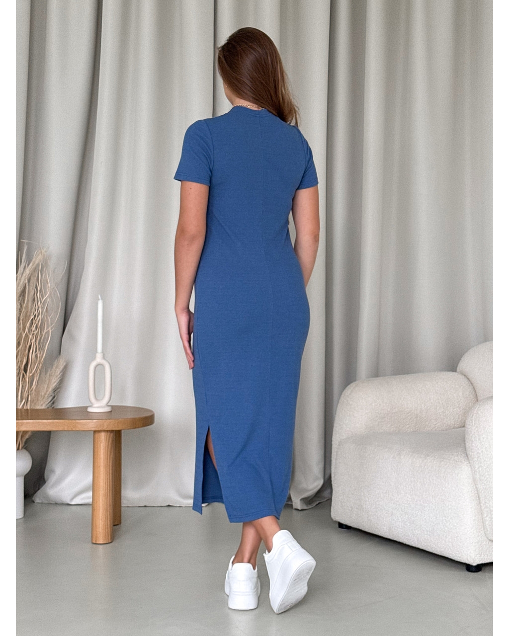 Длинное платье-футболка в рубчик синее Merlini Кассо 700000131