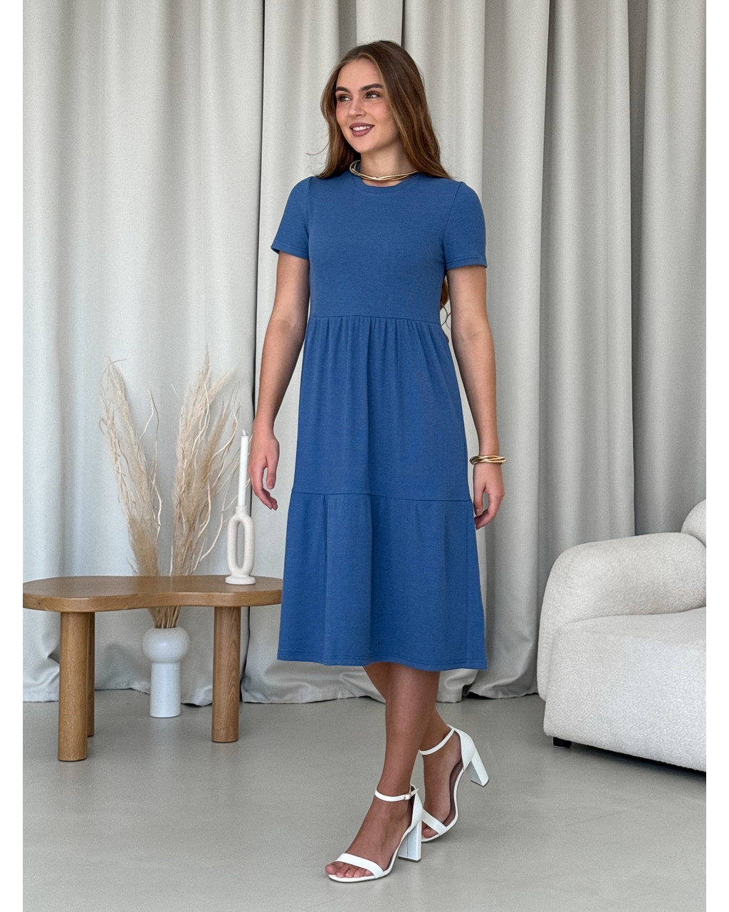 Платье со свободными бедрами в рубчик синее Merlini Реджо 700001583