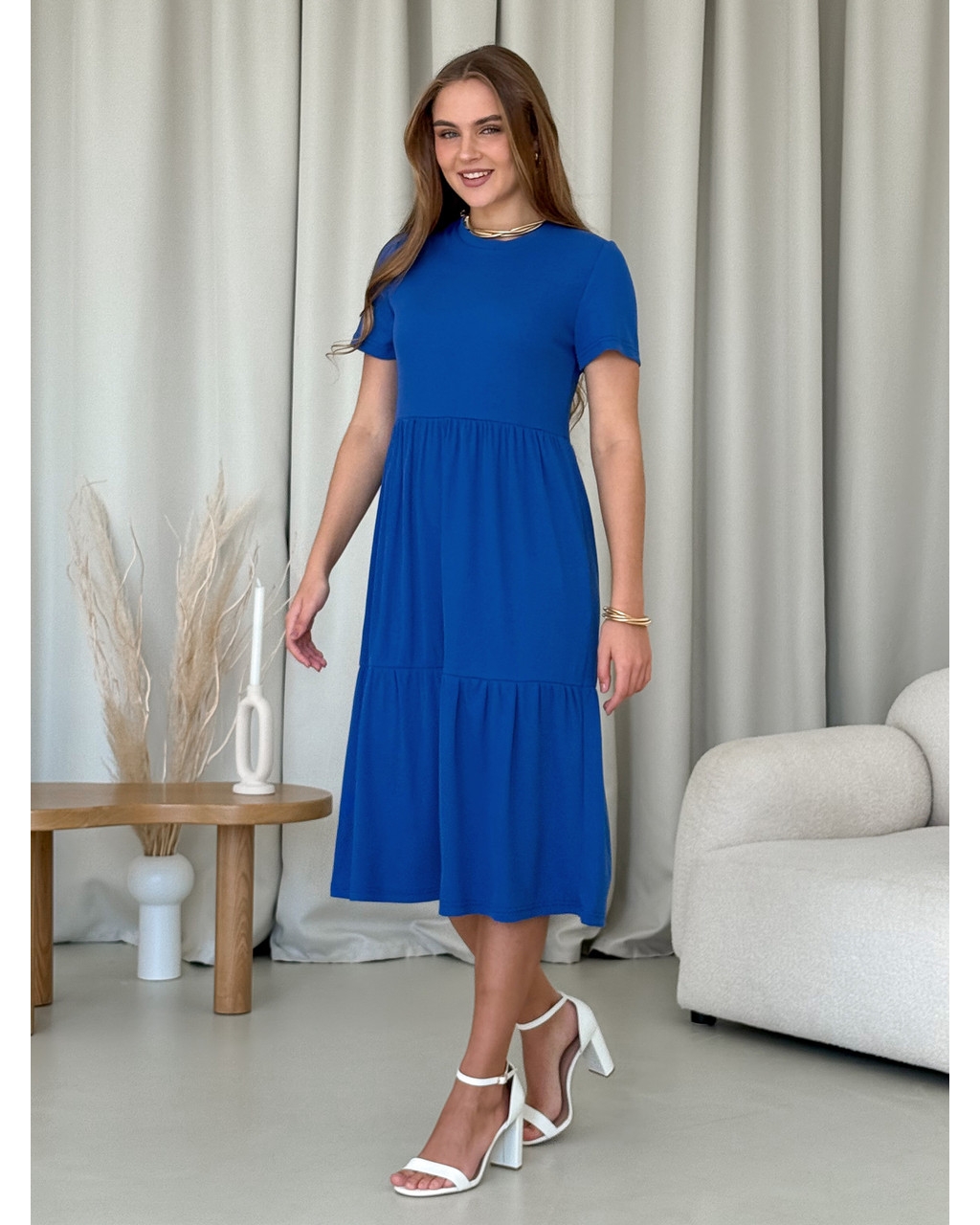 Сукня з вільними стегнами в рубчик синя Redjo 700001587