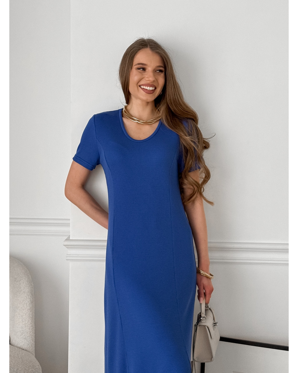 Довга сукня-футболка в рубчик синя Zara 700001847