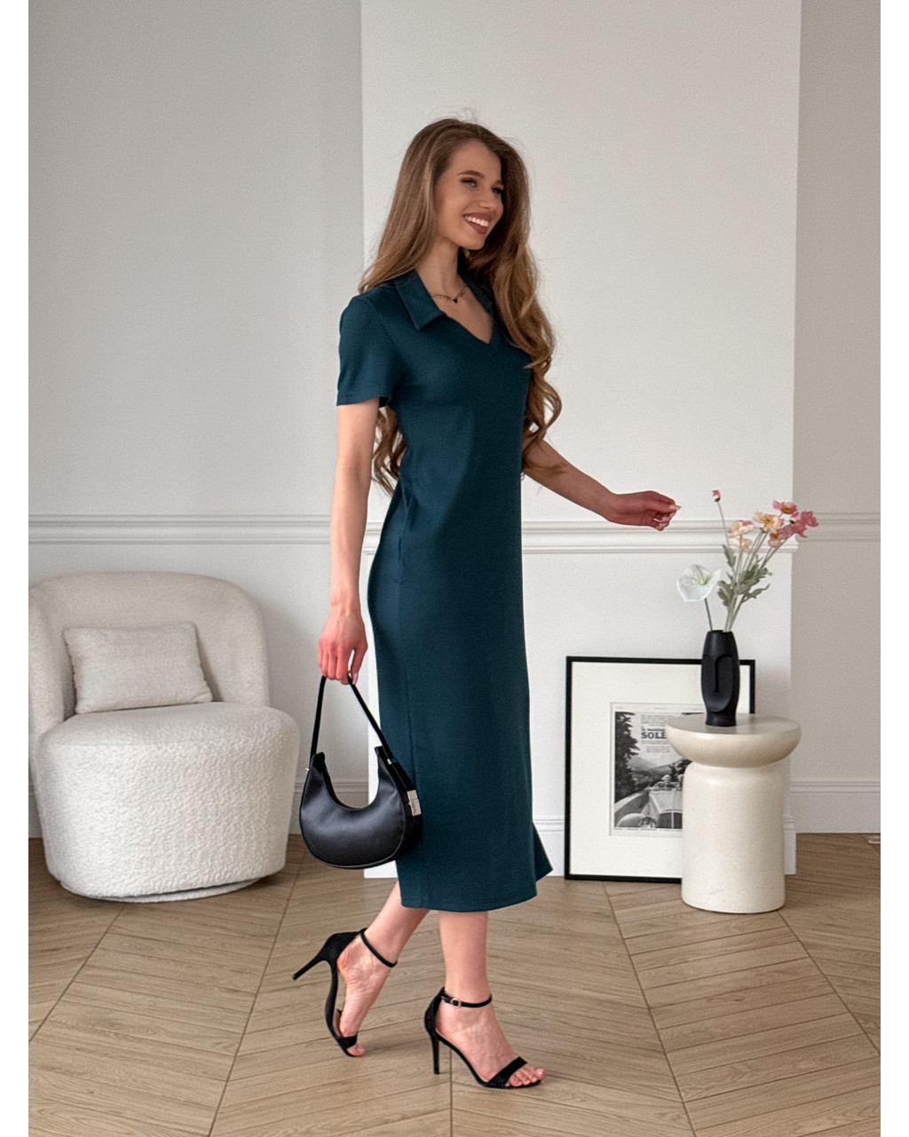 Довга сукня-поло в рубчик зелена Bergamo 700002245