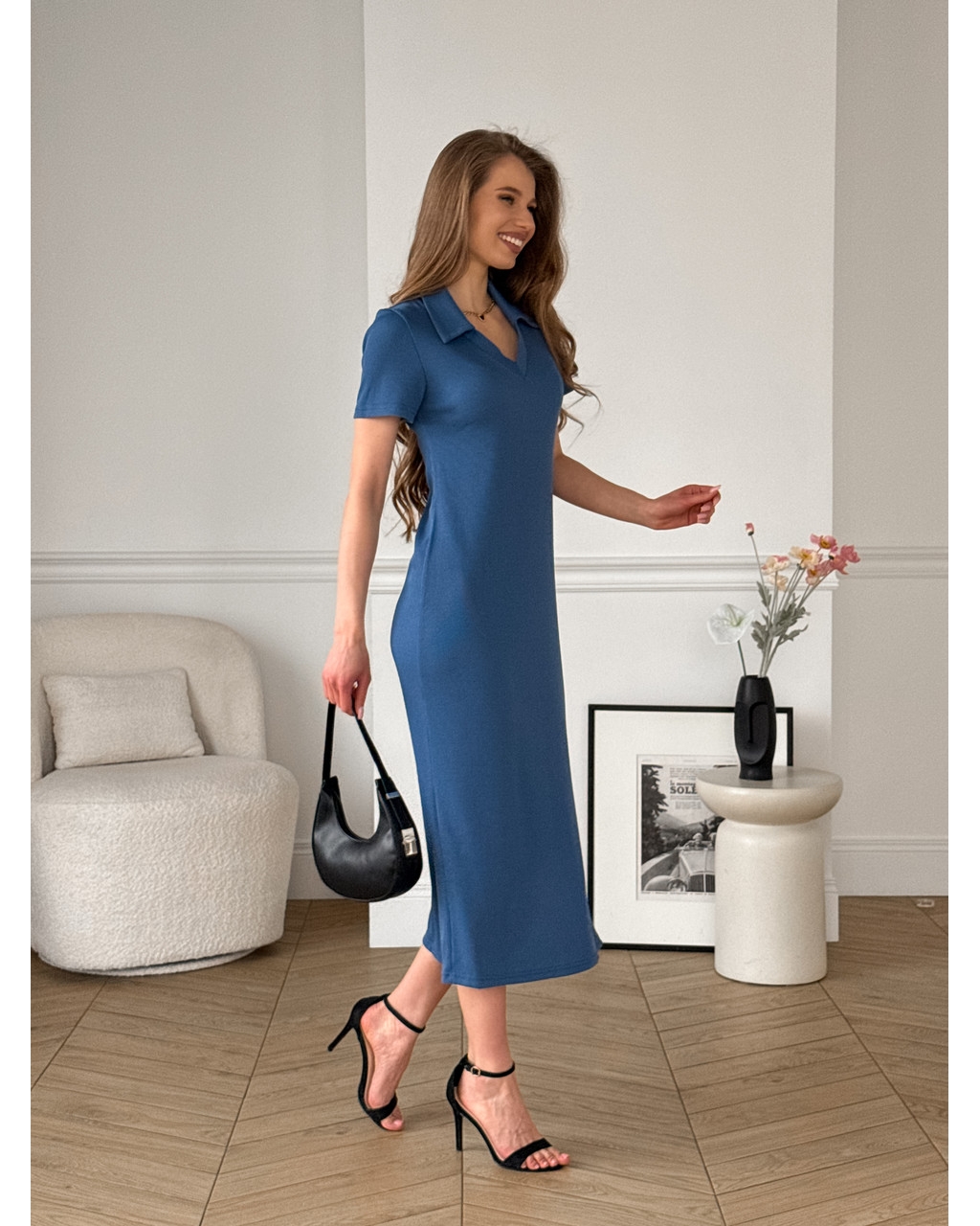 Довга сукня-поло в рубчик синя Bergamo 700002243