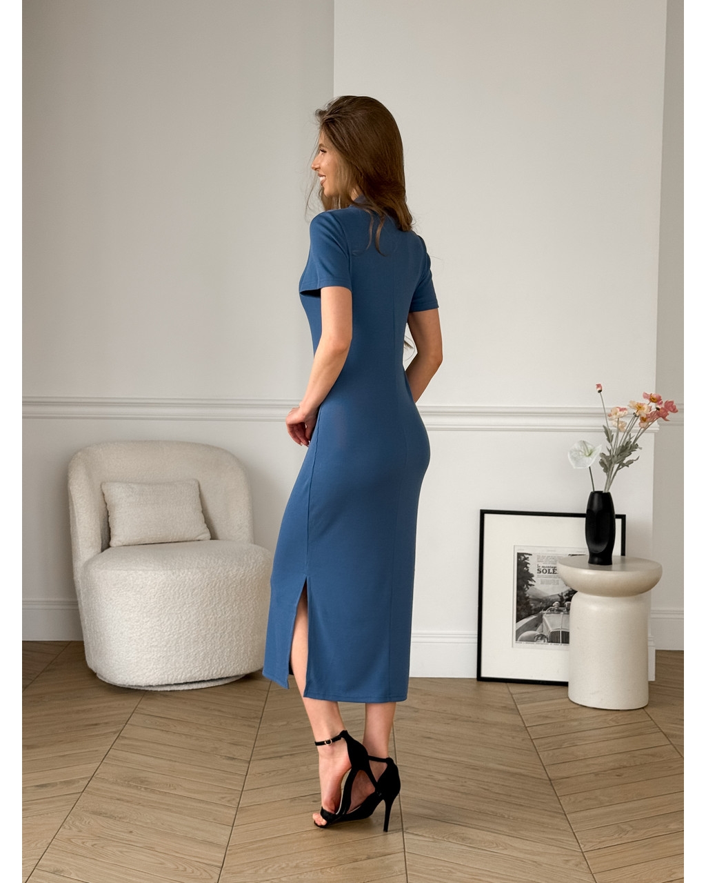 Довга сукня-поло в рубчик синя Bergamo 700002243