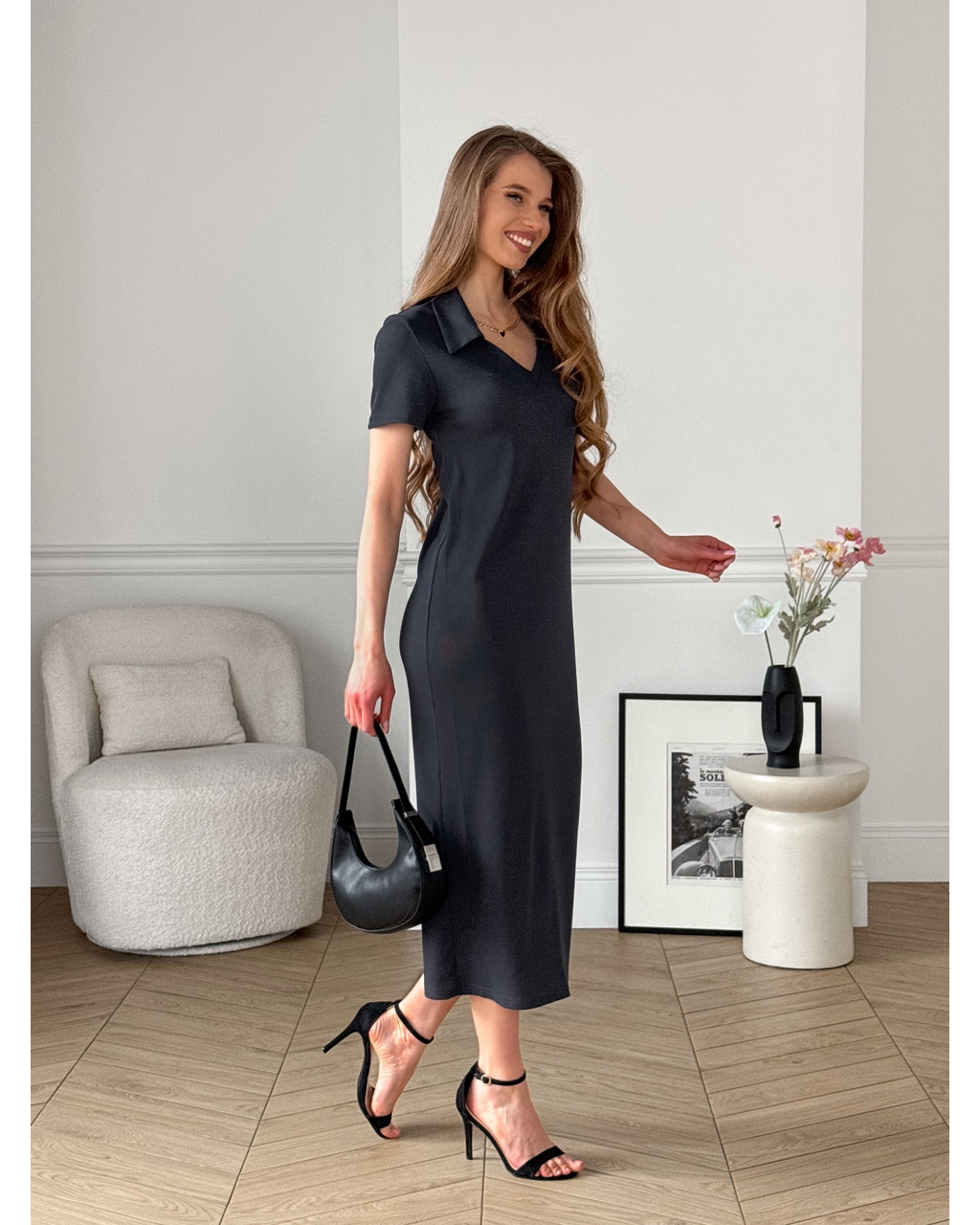 Длинное платье-поло в рубчик серая Bergamo 700002244