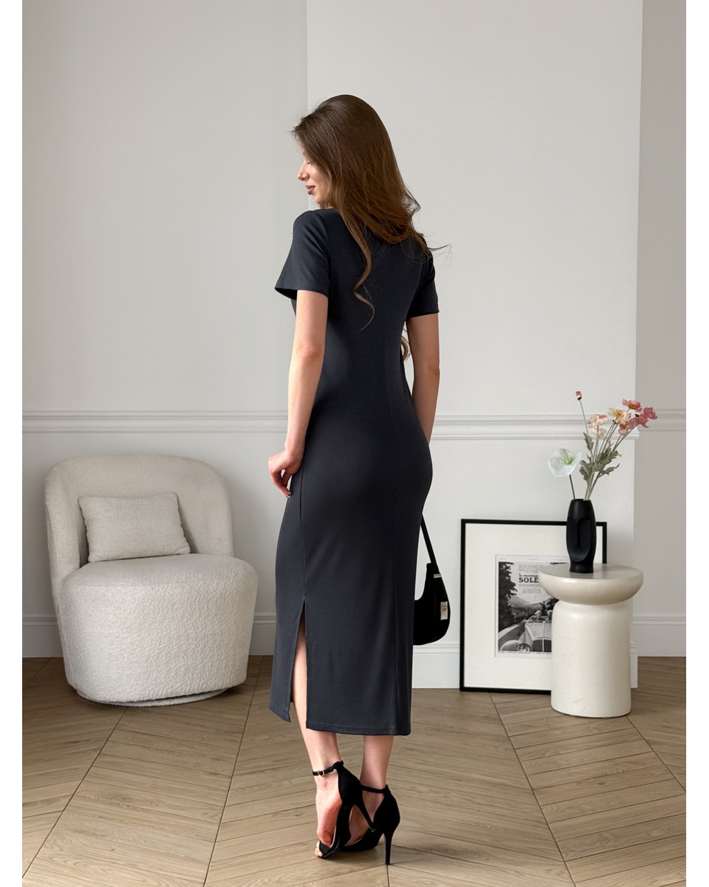 Длинное платье-поло в рубчик серая Bergamo 700002244