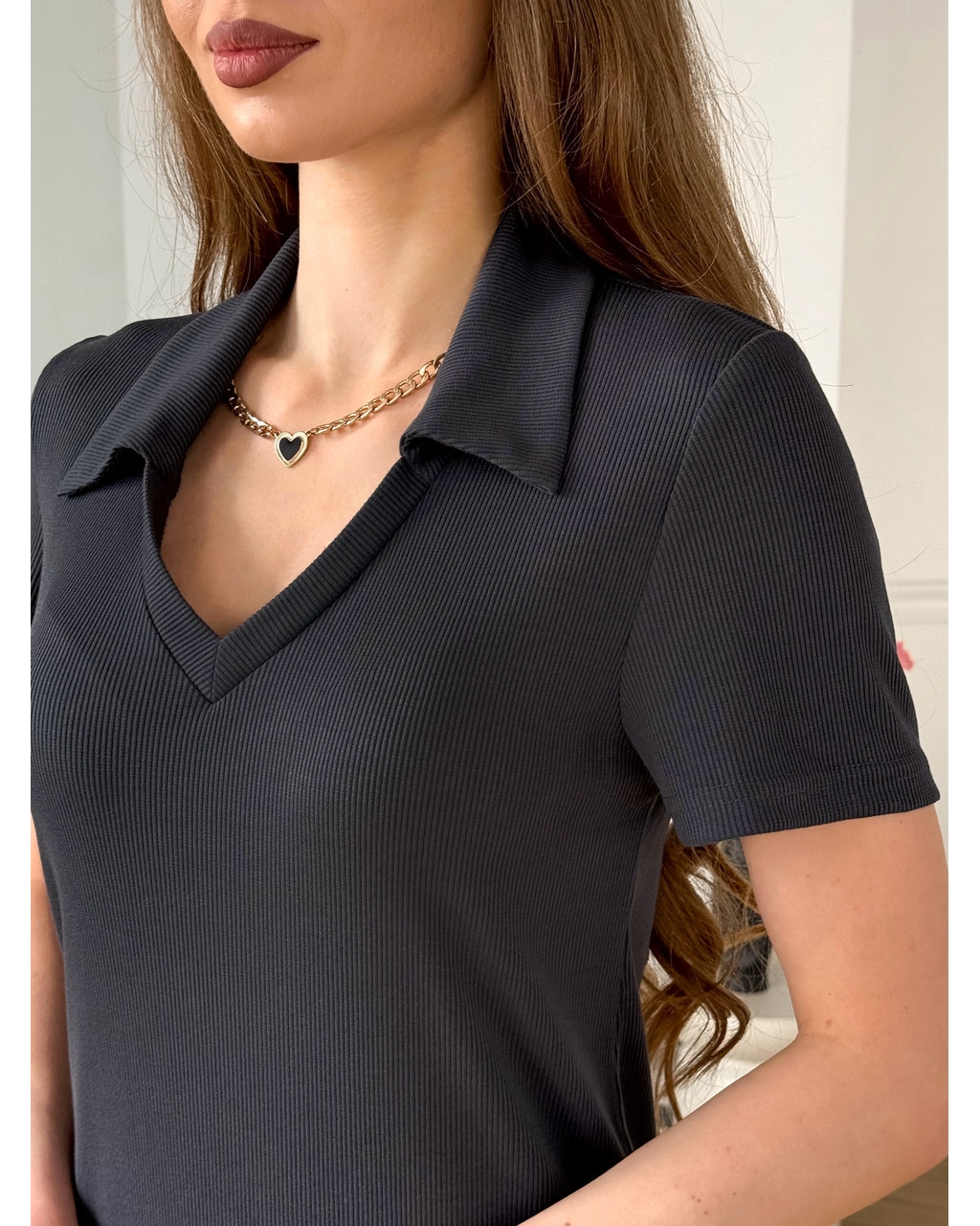 Длинное платье-поло в рубчик серая Bergamo 700002244