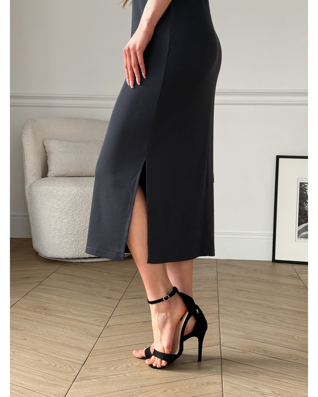 Длинное платье-поло в рубчик серая Bergamo 700002244