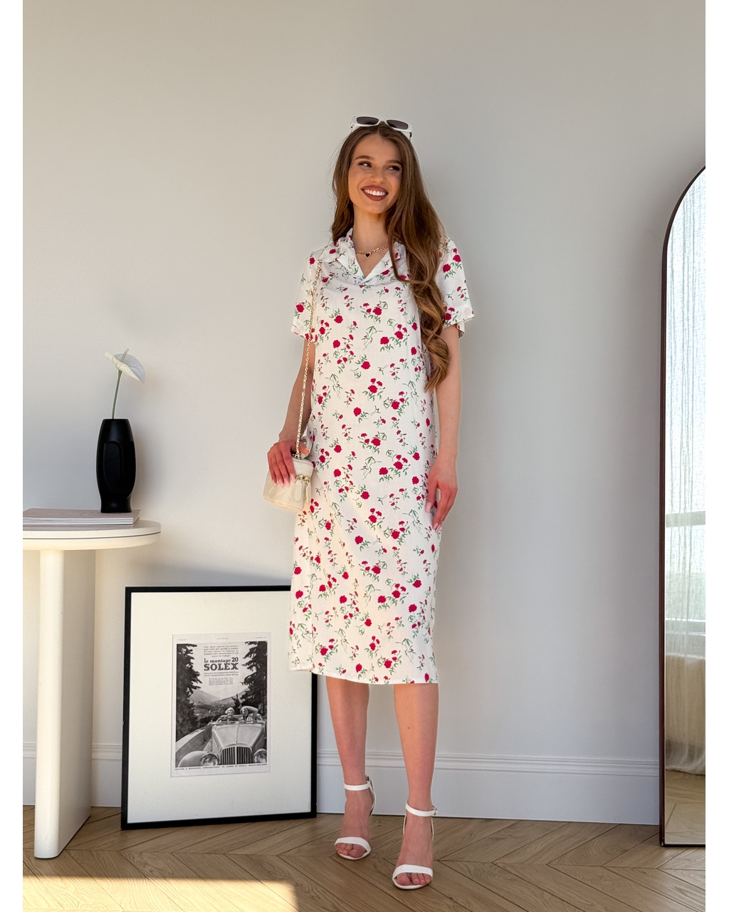 Сукня з комірцем у квіточку зі штапелю біла Tapi 700002228
