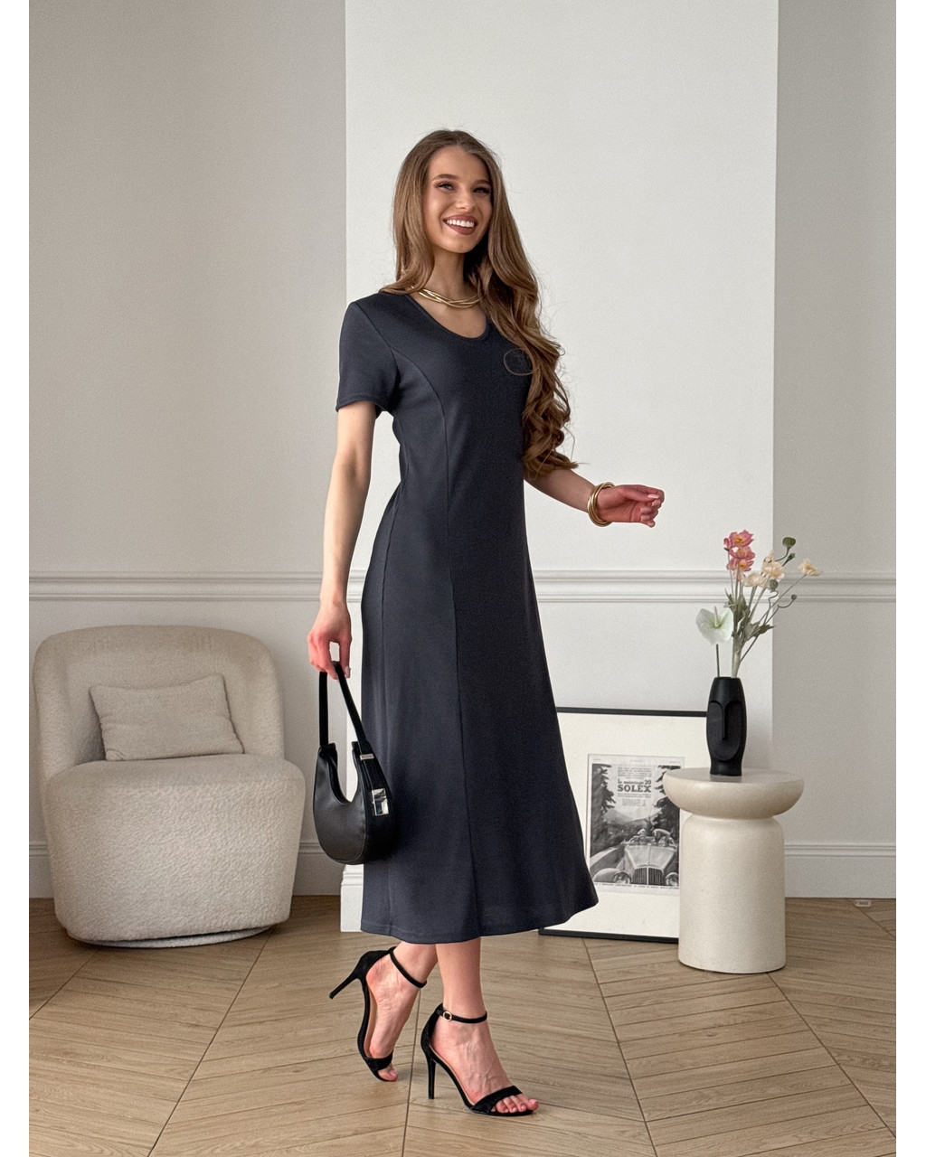 Довга сукня-футболка у рубчик сіра Merlini  Zara 700001844