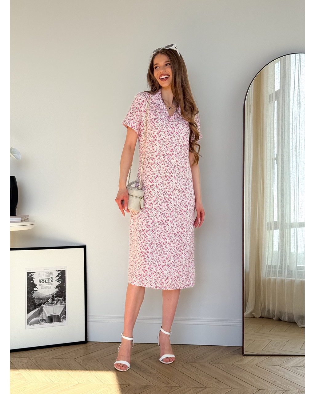 Платье с воротничком в цветочек из штапеля белое Tapi 700002225