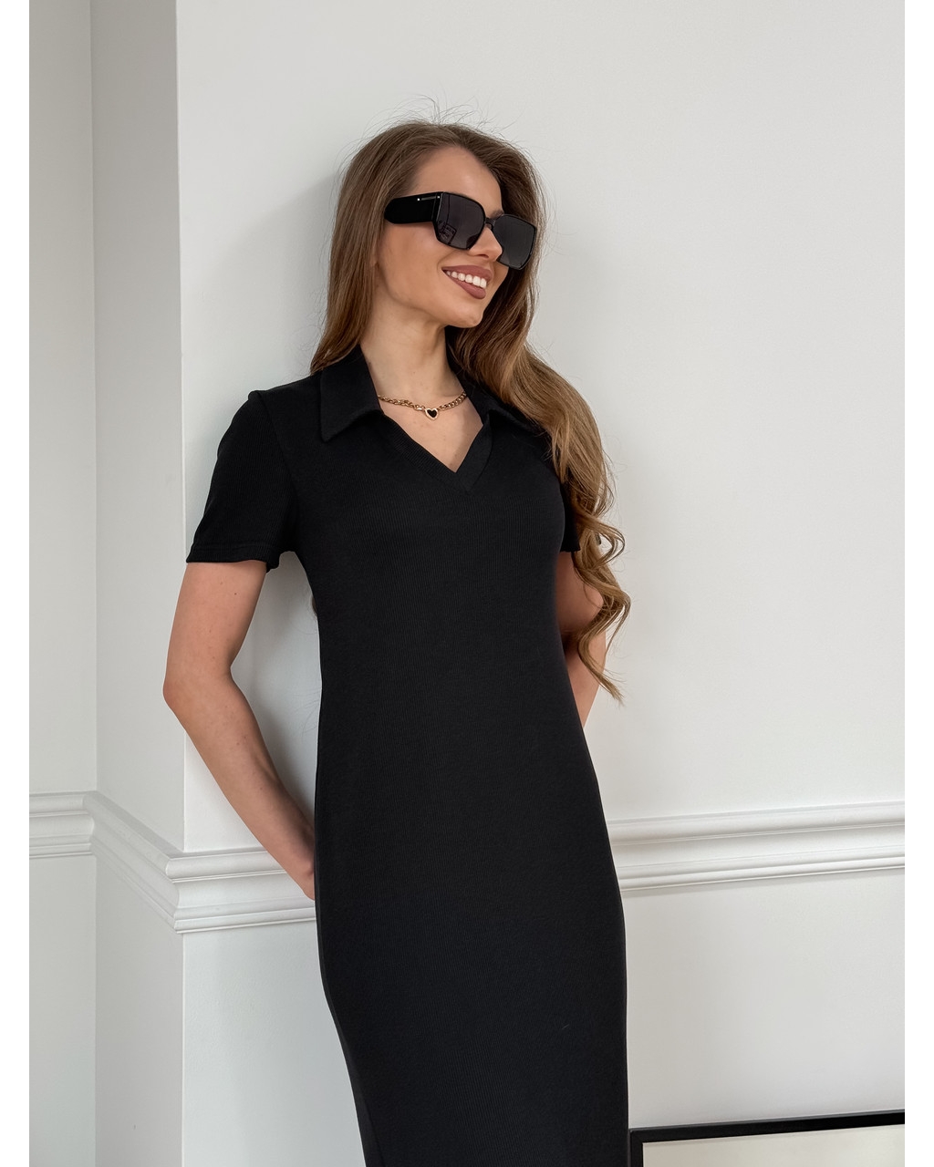 Довга сукня-поло у рубчик чорна Bergamo 700002241