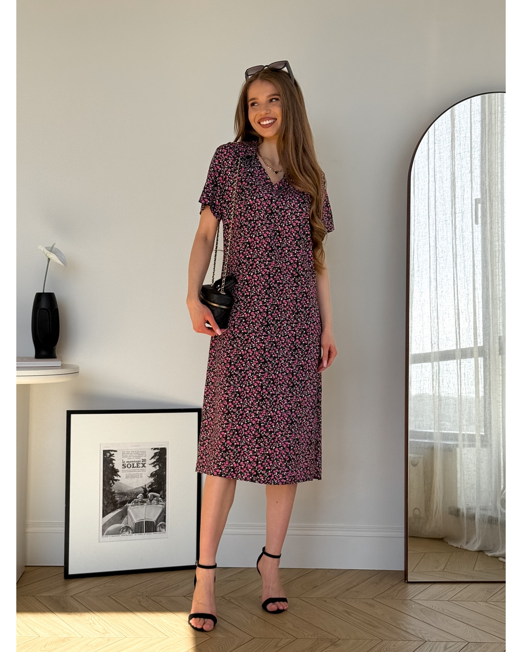 Сукня з коміром у квіточку зі штапелю чорна Tapi 700002224