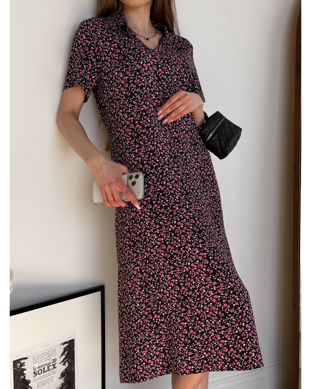 Сукня з коміром у квіточку зі штапелю чорна Tapi 700002224