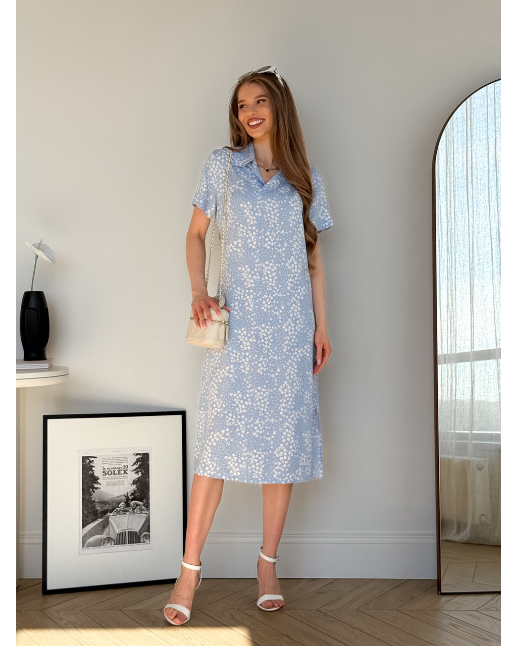 Сукня з комірцем у квіточку з штапельної тканини блакитна Tapi 700002222