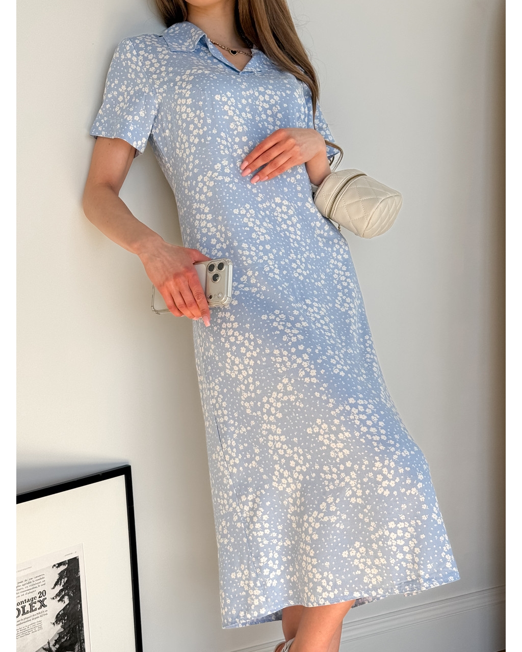 Сукня з комірцем у квіточку з штапельної тканини блакитна Tapi 700002222