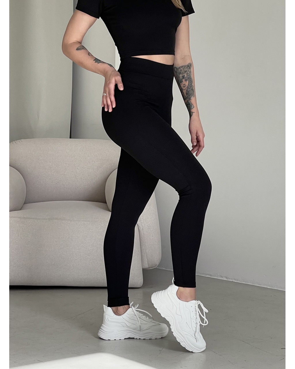 Чорні лосини у рубчик з високою талією Ponto 60000281