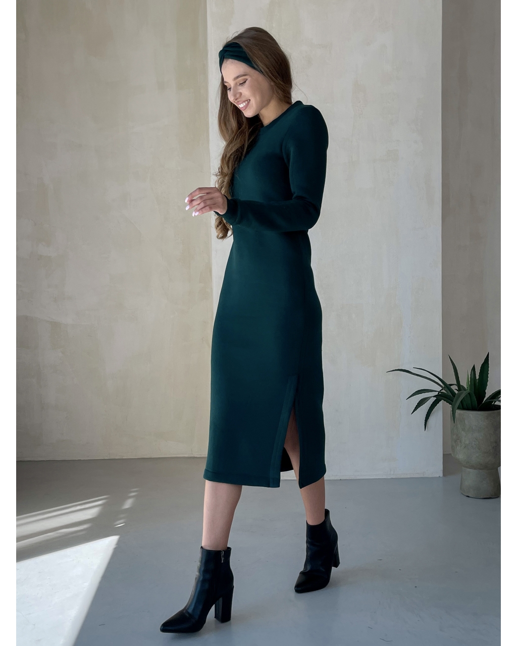 Повсякденна тепла зимова сукня на флісі нижче коліна зелена Merlini Валанс 700001022