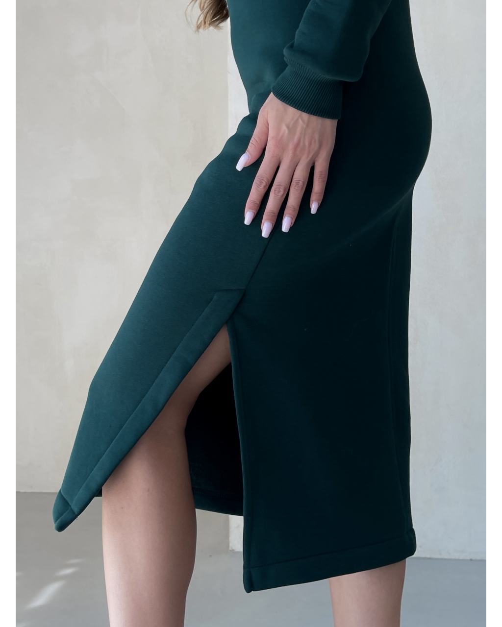 Повсякденна тепла зимова сукня на флісі нижче коліна зелена Merlini Валанс 700001022