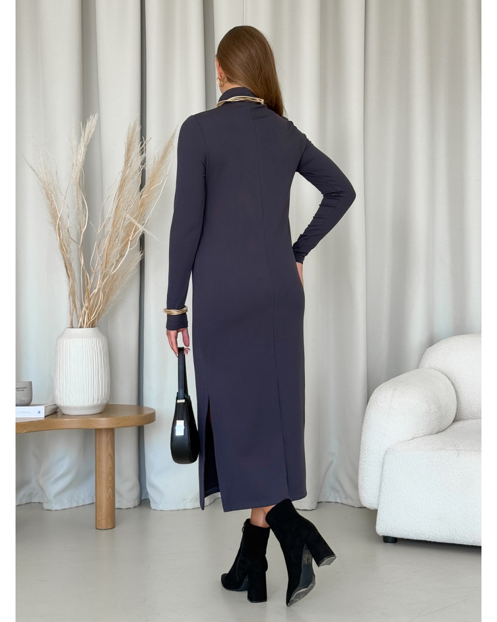 Свободное теплое длинное платье в рубчик на флисе серое Merlini Мартен 700001103