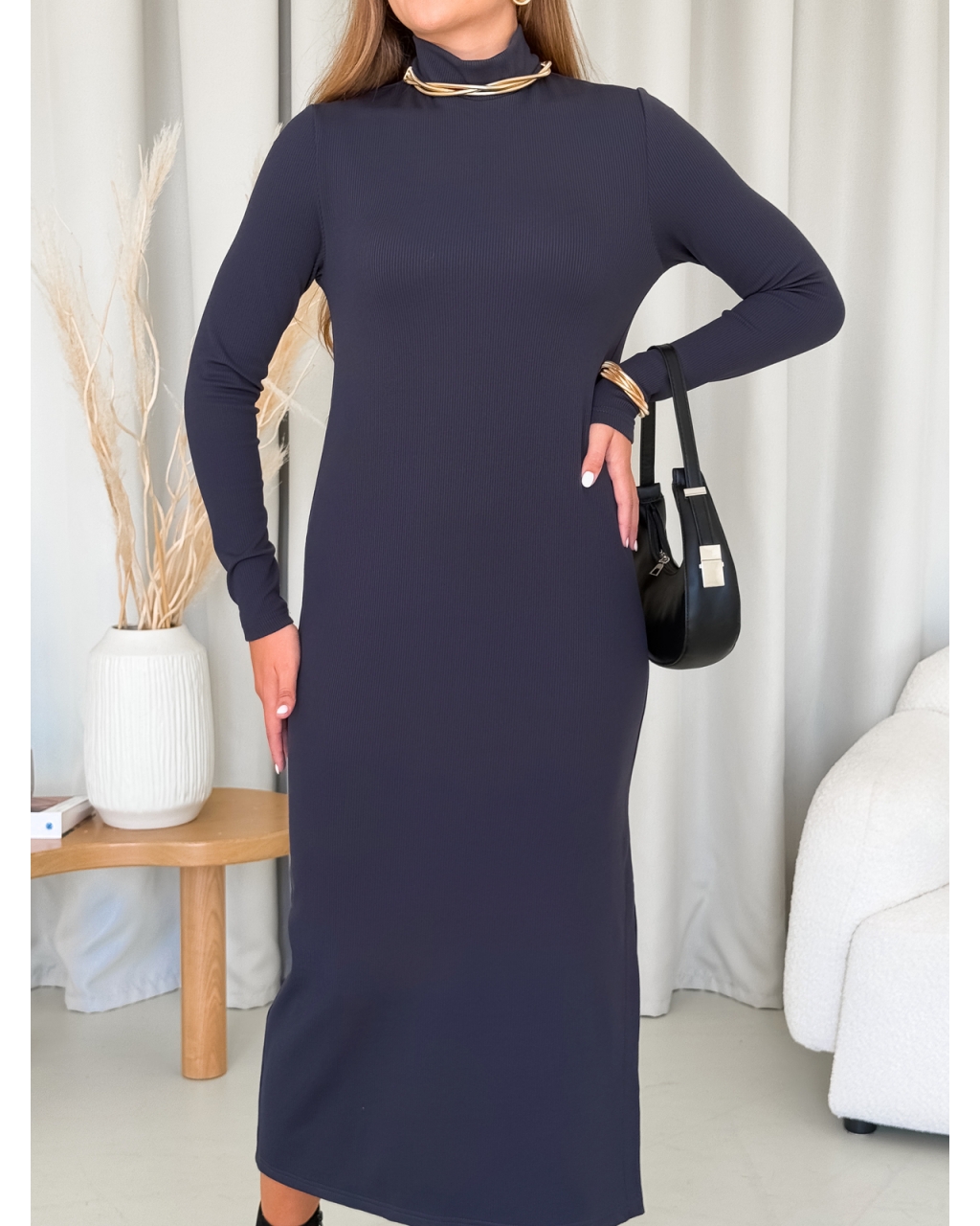 Свободное теплое длинное платье в рубчик на флисе серое Merlini Мартен 700001103