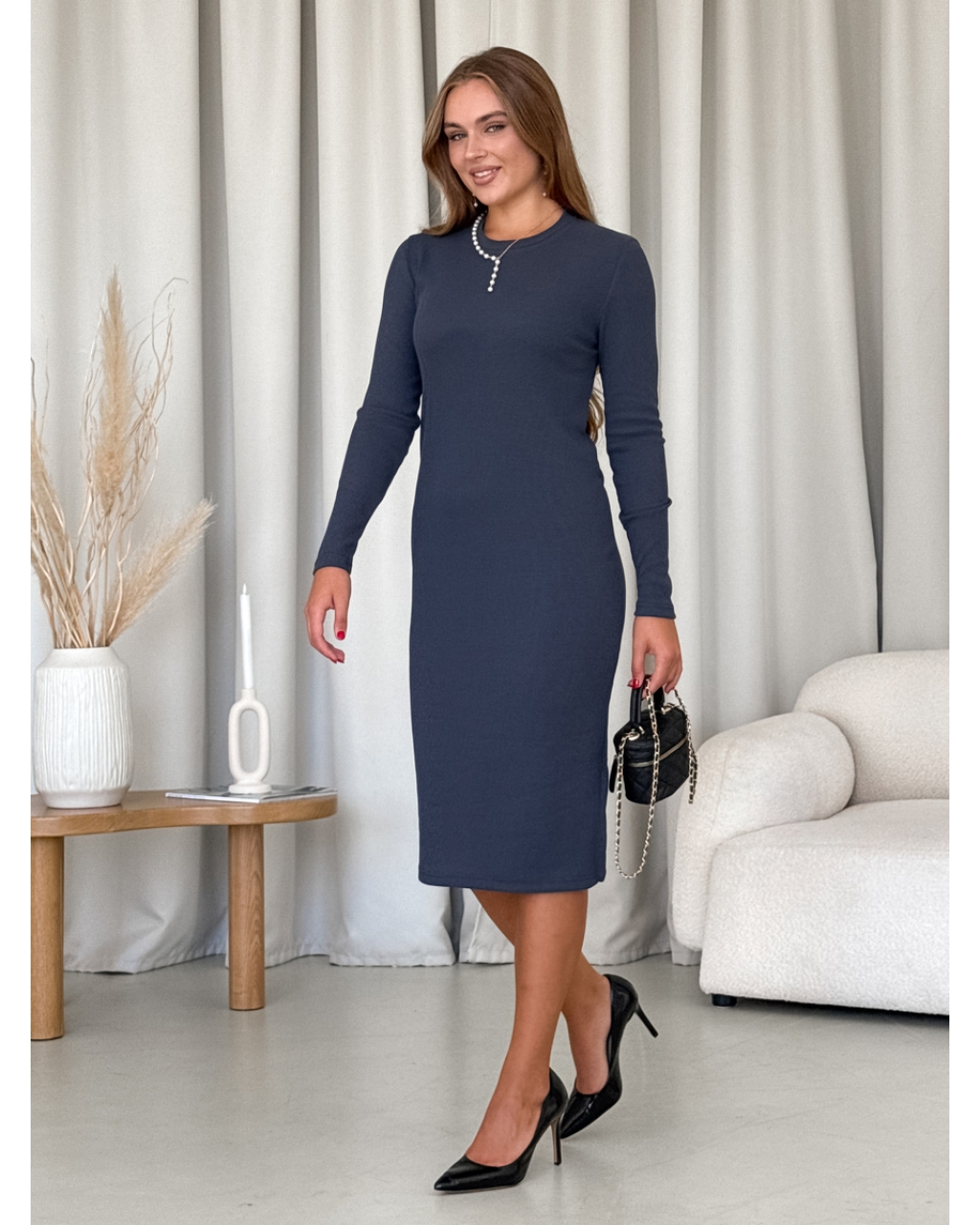 Сукня нижче колін у рубчик сіра Merlini Арма 700001684