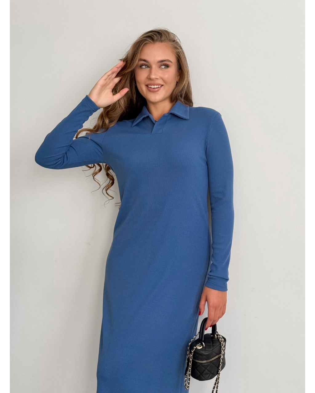 Платье с воротничком в рубчик синее Merlini Анкора 700001703