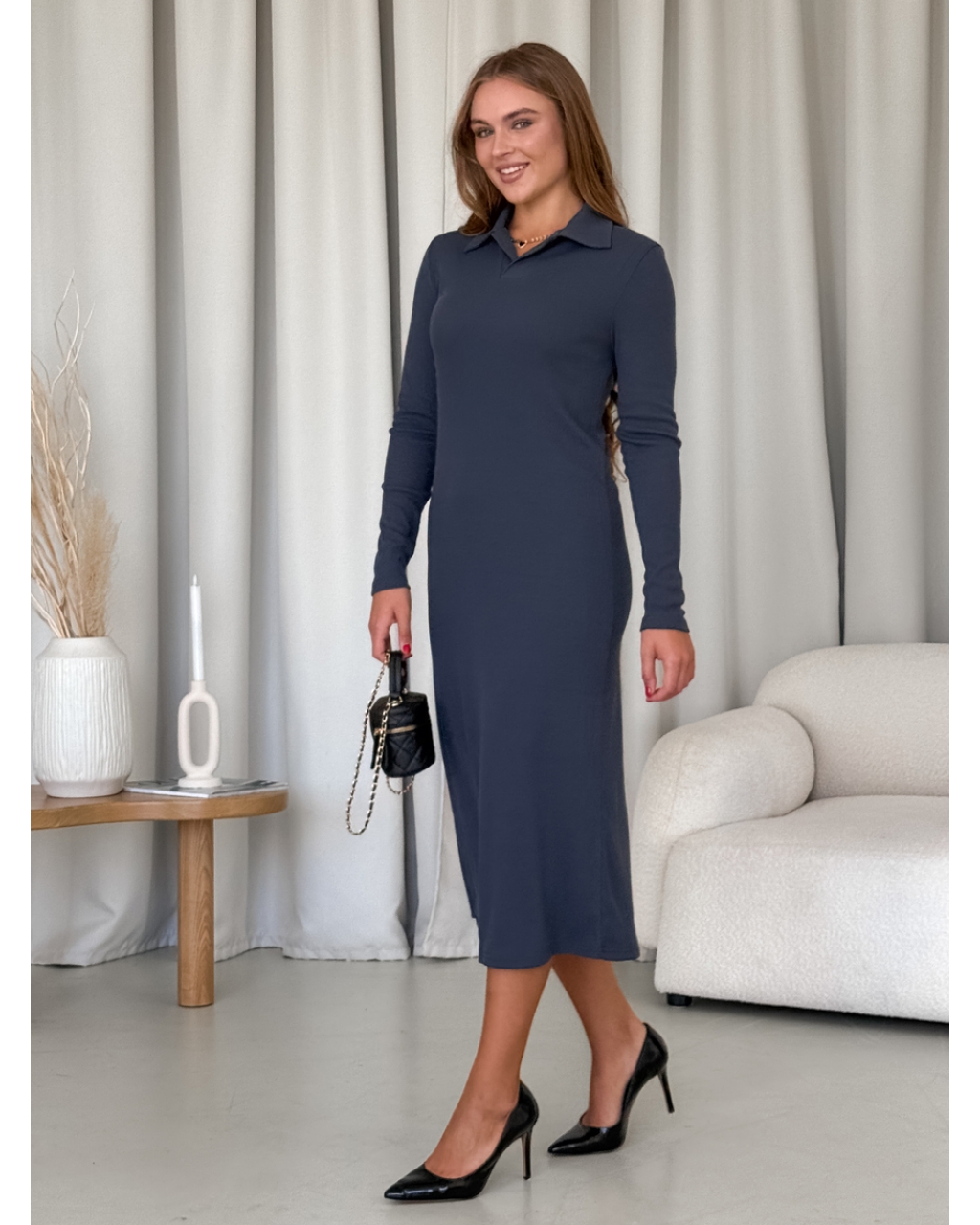 Сукня з комірцем у рубчик сіра Merlini Анкора 700001704