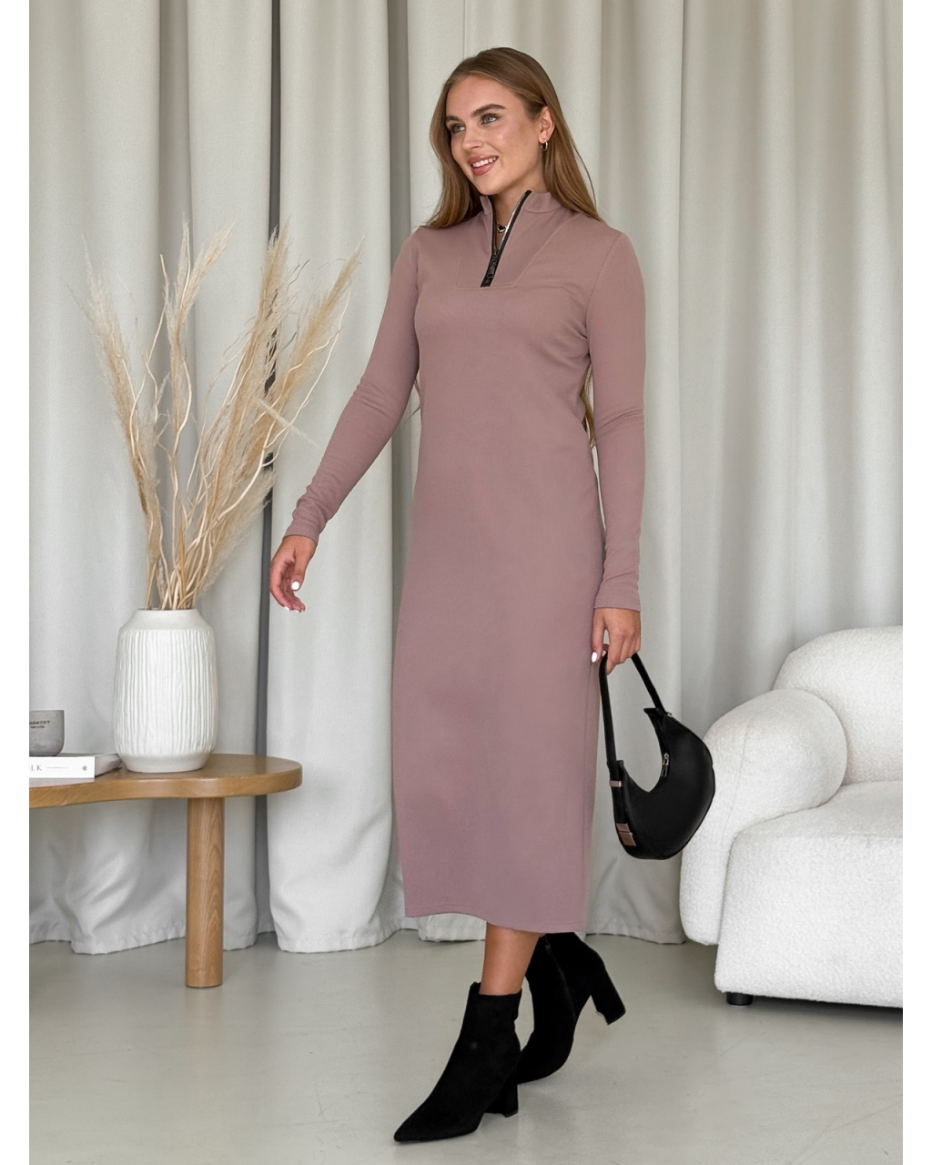 Длинное теплое платье рубчик на флисе бежевое Merlini Грата 700001822