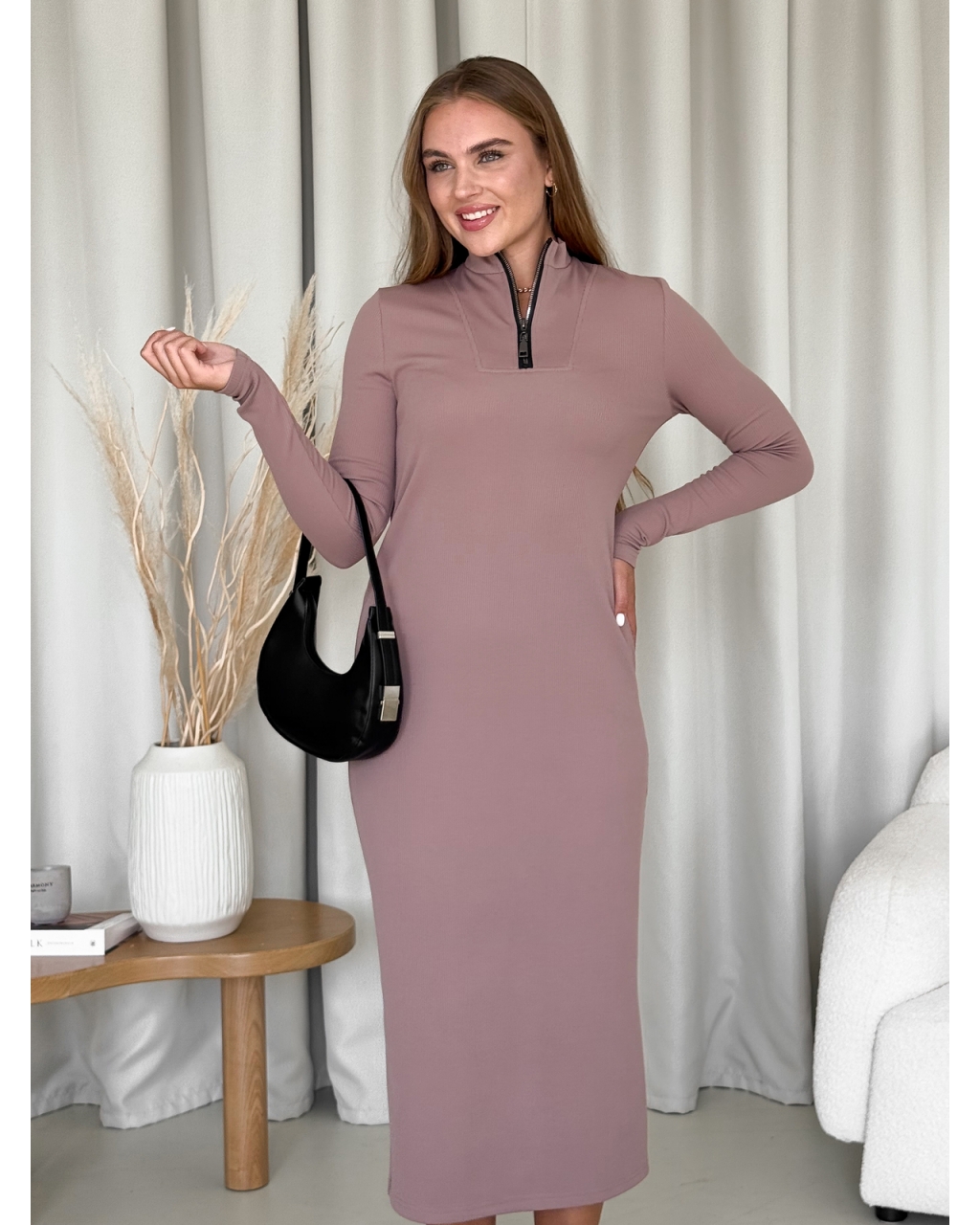 Длинное теплое платье рубчик на флисе бежевое Merlini Грата 700001822