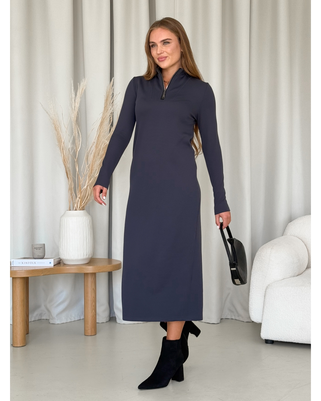 Довга тепла сукня рубчик на флісі сіра Merlini Грата 700001823