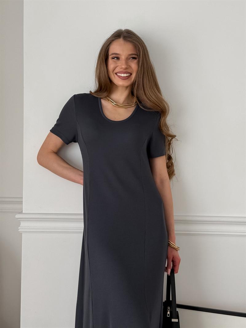 Длинное платье-футболка в рубчик серое Zara — детали и фактура