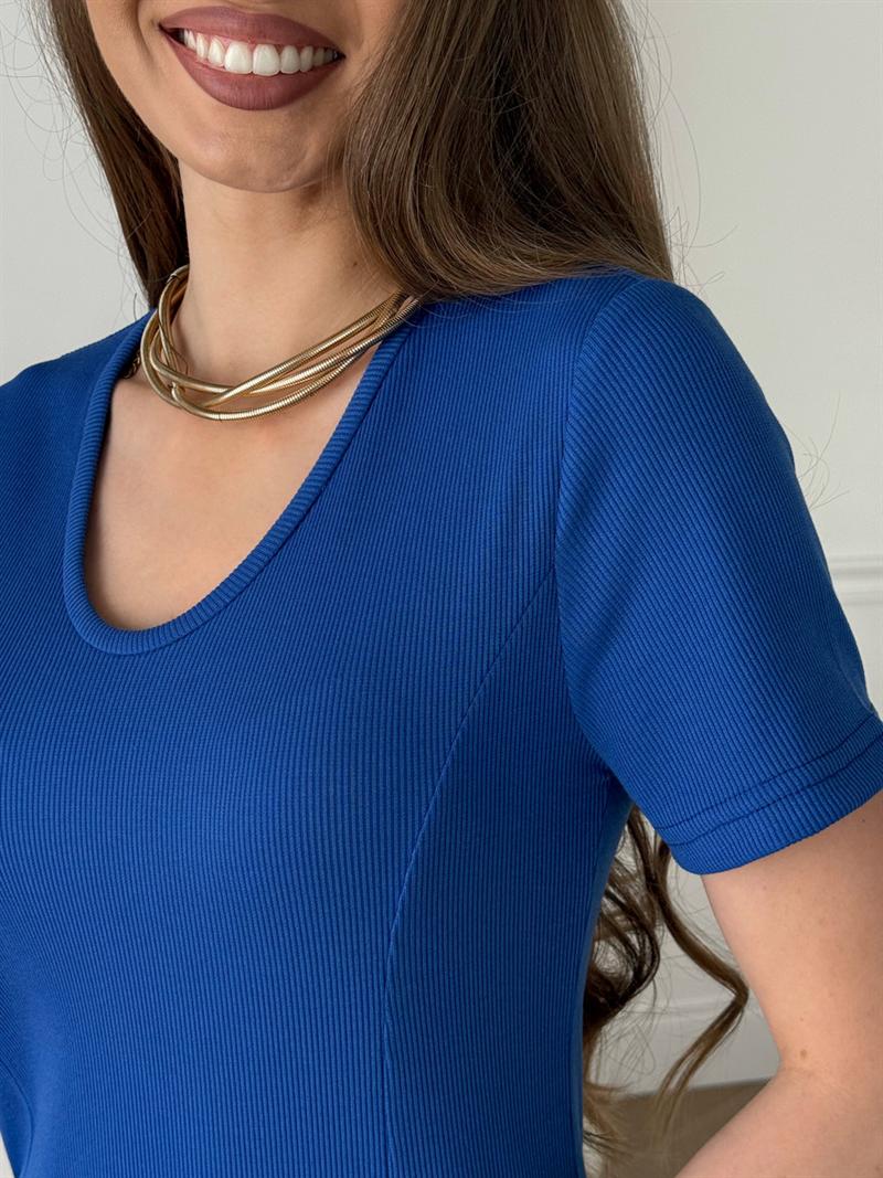 Длинное платье-футболка в рубчик синее Zara — детали и фактура